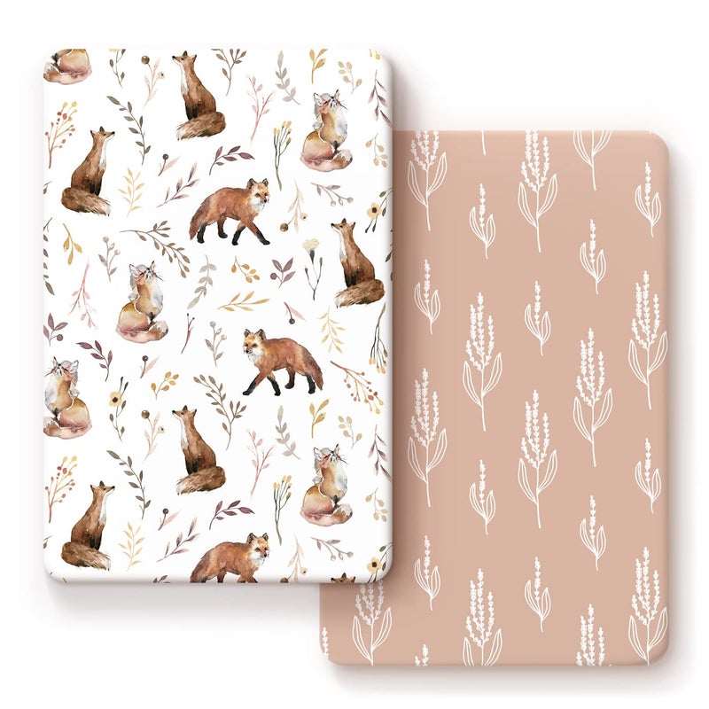 GRSSDER Stretchy Ultra Soft Jersey Knit Fitted Pack n Play Sheets Set 2 Pack, Fit Portable/Mini Crib, Playards Mattress Pads Safe and Snug, Pretty Fox for Baby Girls - Image 1