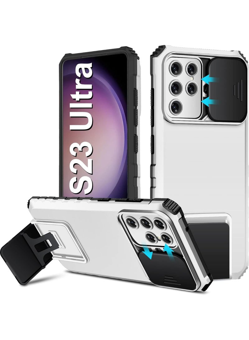 Q TRIPLE A Shockproof Case for Samsung Galaxy S23 Ultra 5G, Heavy Duty Rugged Protective Cover with Slide Camera Lens Protection & Built-in Kickstand, Dual Layer PC + Silicone Armor Shell (White) - Image 1