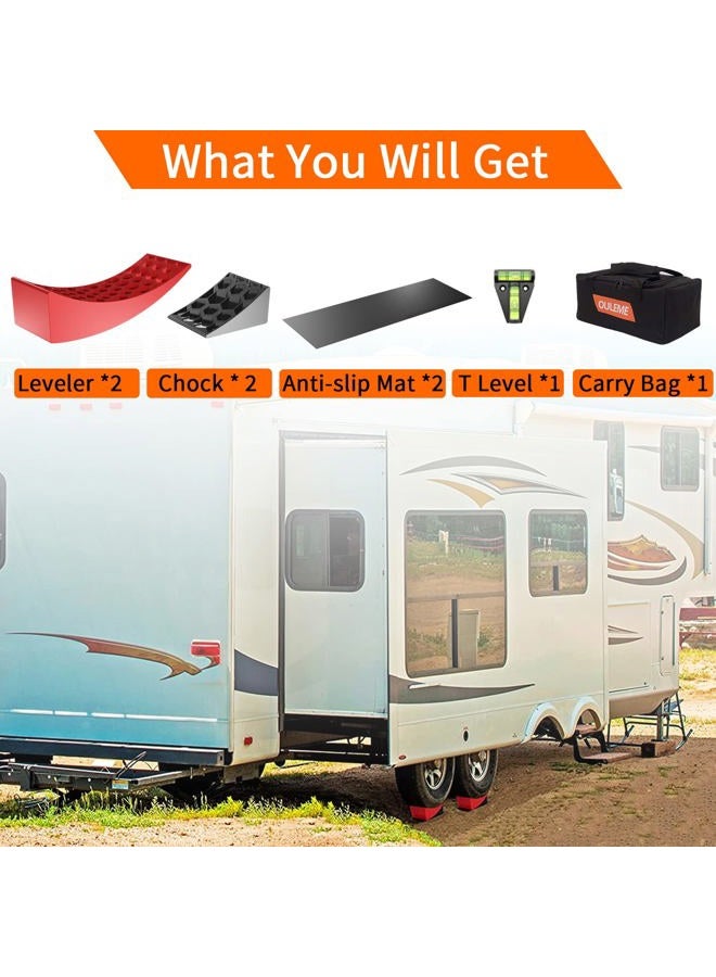 OULEME RV Leveling Blocks, Camper Trailer Leveler, 2 Packs for Travel Trailer Motorhome, Include 2 Curved Leveler Ramp, 2 Chock, 2 Rubber Mat, 1 T Bubble Level, 1 Carry Bag - Image 4