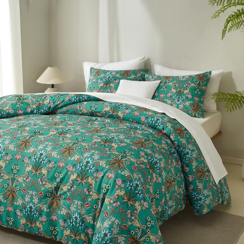 mixinni Farmhouse Boho Comforter Set Queen Size - 3 Piece Lightweight All Season Bedding Set with Fluffy Comforter & 2 Pillow Shams, Floral Botanical Design, Soft Breathable Microfiber - Image 2