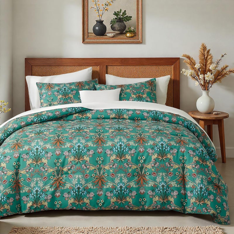 mixinni Farmhouse Boho Comforter Set Queen Size - 3 Piece Lightweight All Season Bedding Set with Fluffy Comforter & 2 Pillow Shams, Floral Botanical Design, Soft Breathable Microfiber - Image 1