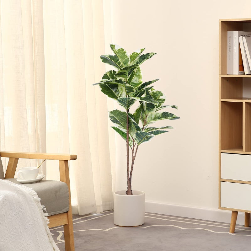 FLOWORLD Artificial Rubber Tree-Faux Tropical Fake Plant - Floor Silk Ficus Elastica Plant - 4 Ft Tall Aritificial Tree for Home Decor - Living Room, Garden, Office Indoor/Outdoor, B120 - Image 1