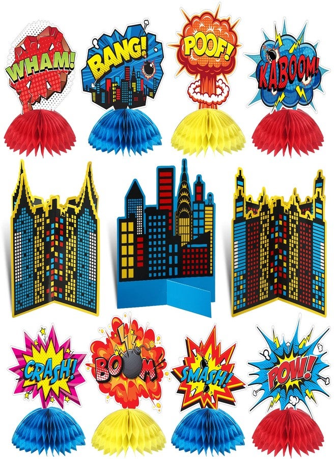 Funrous 11 Pieces Hero Party Decoration Hero Honeycomb Centerpieces 3D Table Topper Paper Large Word Centerpieces Fun Action Sign Standing Card for Birthday Baby Shower Decor Supplies(Classic) - Image 1