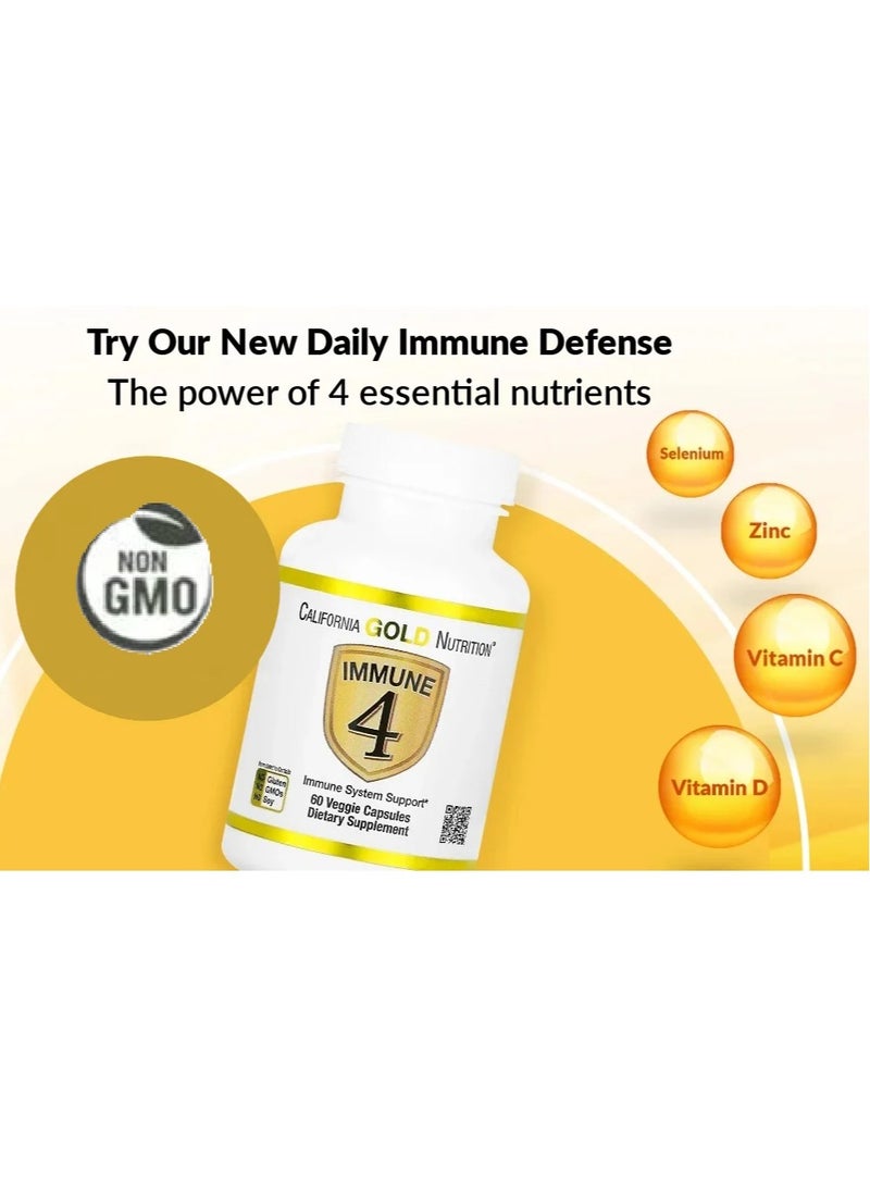 California Gold Nutrition - California Gold Nutrition Immune System Support - Immunity 4 Enriched With Vitamins C, E, Zinc and Selenium - 60 Veggie Capsules - Image 1
