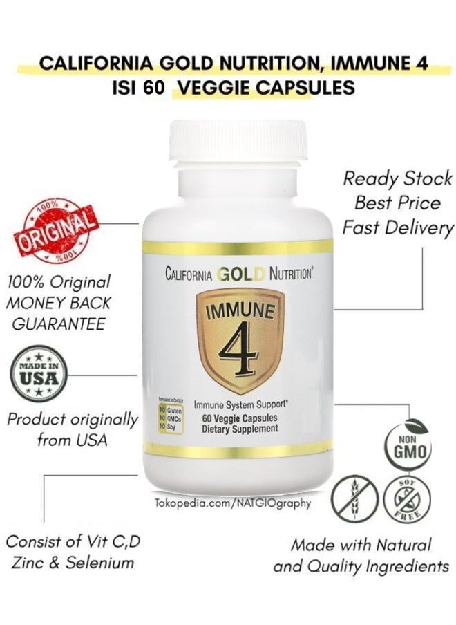 California Gold Nutrition - California Gold Nutrition Immune System Support - Immunity 4 Enriched With Vitamins C, E, Zinc and Selenium - 60 Veggie Capsules - Image 1