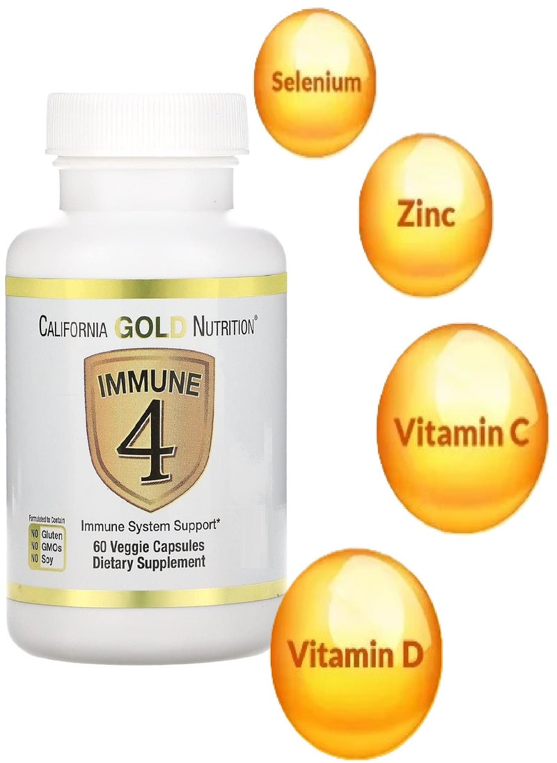 California Gold Nutrition - California Gold Nutrition Immune System Support - Immunity 4 Enriched With Vitamins C, E, Zinc and Selenium - 60 Veggie Capsules - Image 1