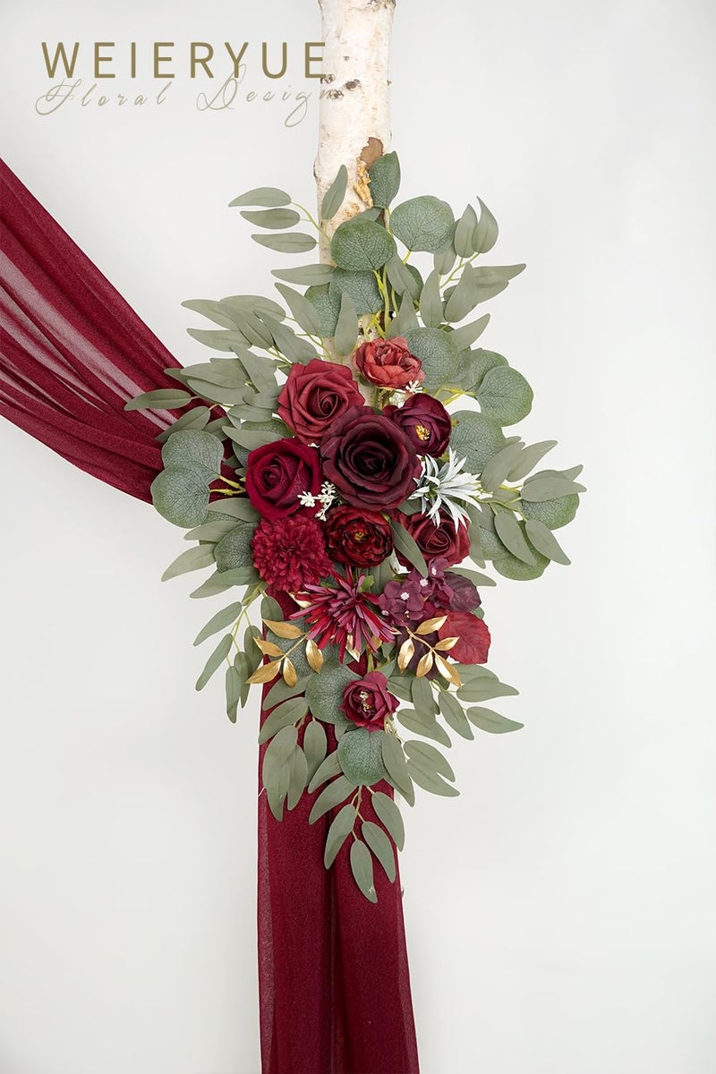 WEIERYUE Artificial Wedding Arch Flowers Kit(Pack of 3),2Pcs Artificial Flower Arch Decor,1Pcs Sheer Drape for Wedding Ceremony Arbor for WeddingCeremony (Wine red Memory) - Image 4