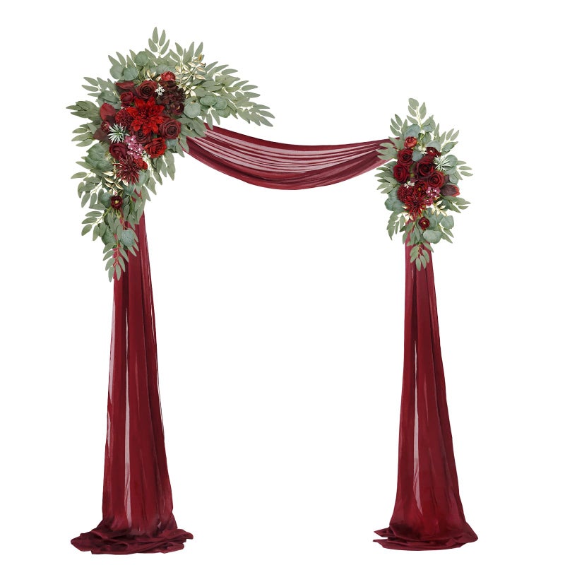 WEIERYUE Artificial Wedding Arch Flowers Kit(Pack of 3),2Pcs Artificial Flower Arch Decor,1Pcs Sheer Drape for Wedding Ceremony Arbor for WeddingCeremony (Wine red Memory) - Image 1