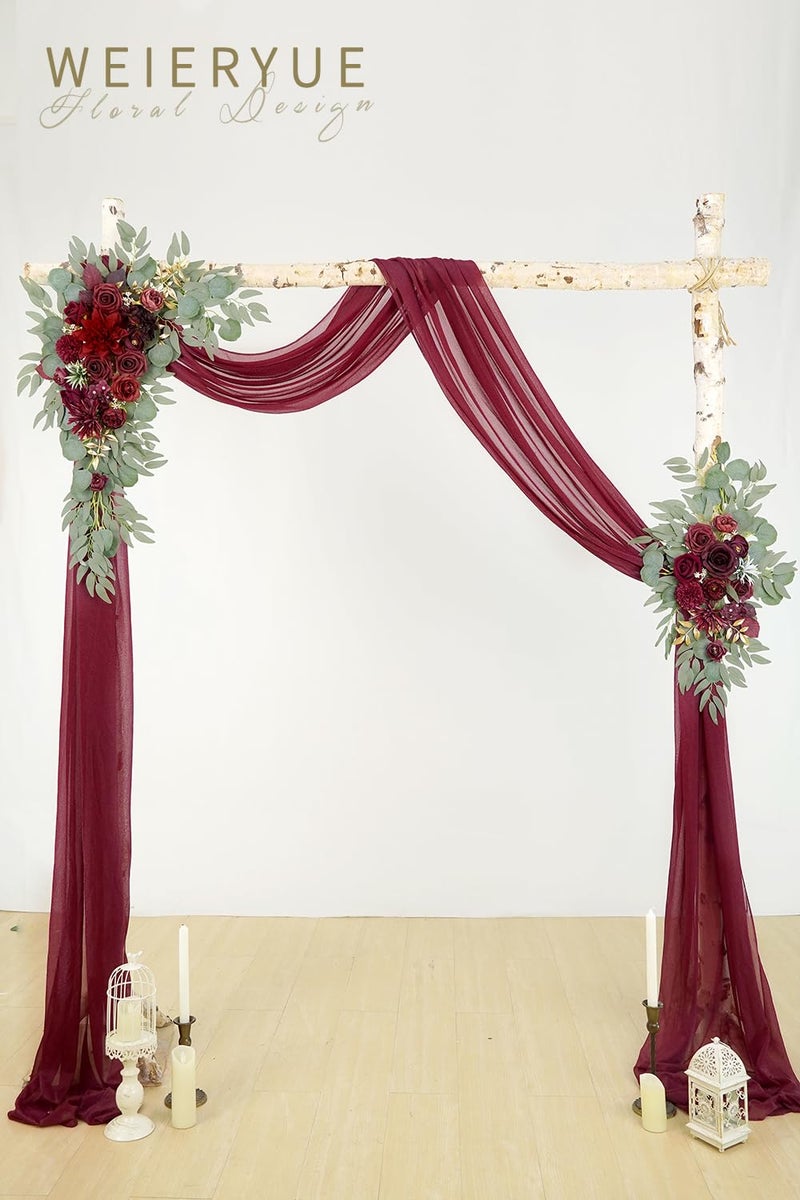 WEIERYUE Artificial Wedding Arch Flowers Kit(Pack of 3),2Pcs Artificial Flower Arch Decor,1Pcs Sheer Drape for Wedding Ceremony Arbor for WeddingCeremony (Wine red Memory) - Image 2