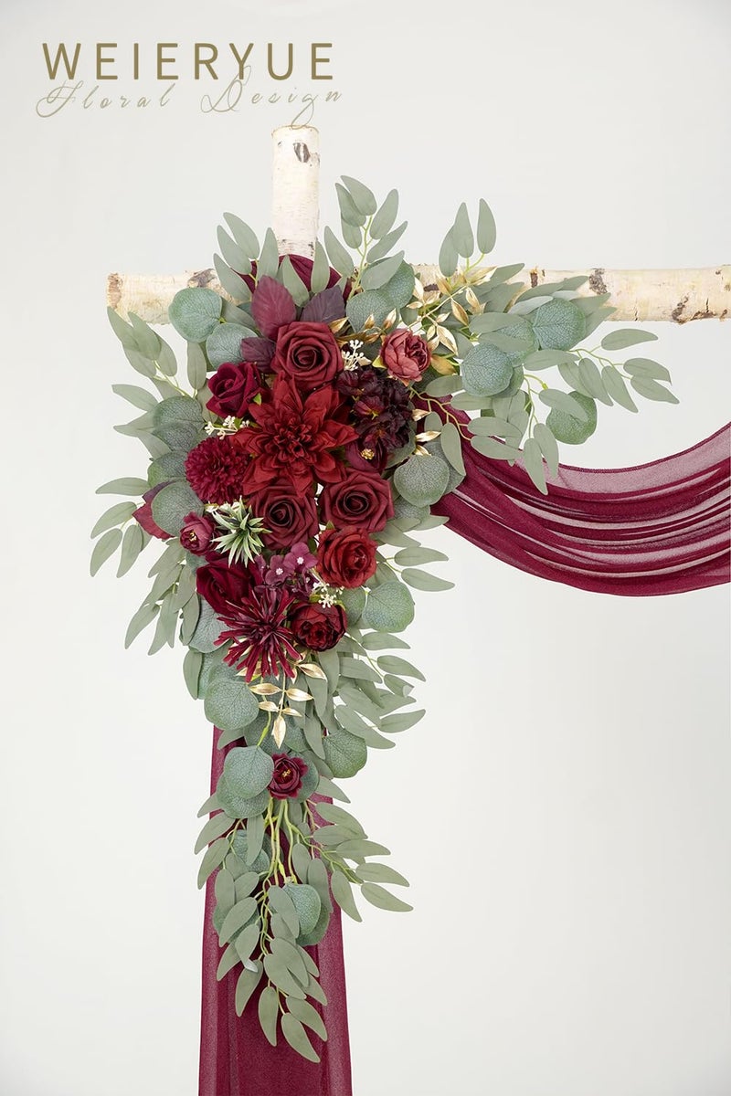 WEIERYUE Artificial Wedding Arch Flowers Kit(Pack of 3),2Pcs Artificial Flower Arch Decor,1Pcs Sheer Drape for Wedding Ceremony Arbor for WeddingCeremony (Wine red Memory) - Image 3