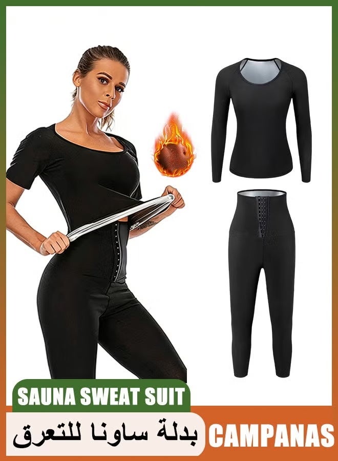 CAMPANAS Women's Sauna Suit Sweat Set (Long Sleeve Top & Pants) Top for Weight Loss & Body Shaping,Fat Burning Thermal Shirt for Gym. Postpartum Recovery Body Shaper & Waist Slimming Workout Tops for Women, Waterproof Sportswear Shapewear (L) - Image 1