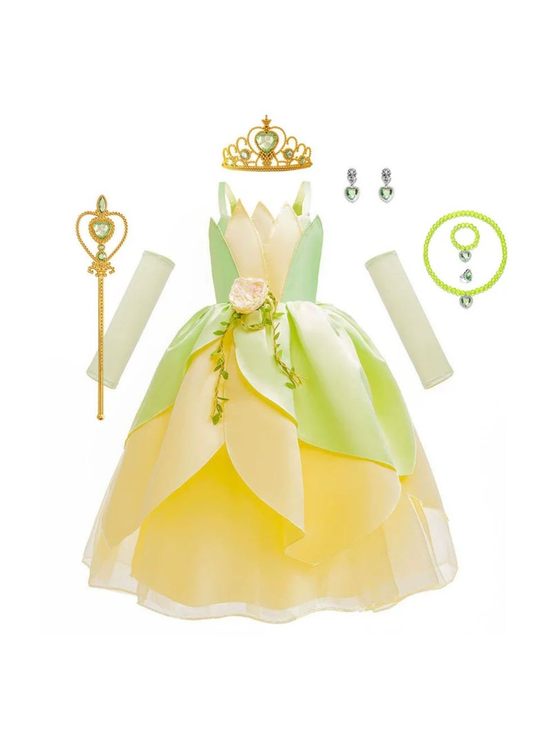 Princess Tiana Cosplay Dress – Girls' Sleeveless Green Frog Princess Costume for Halloween & Party – 120cm - Image 1