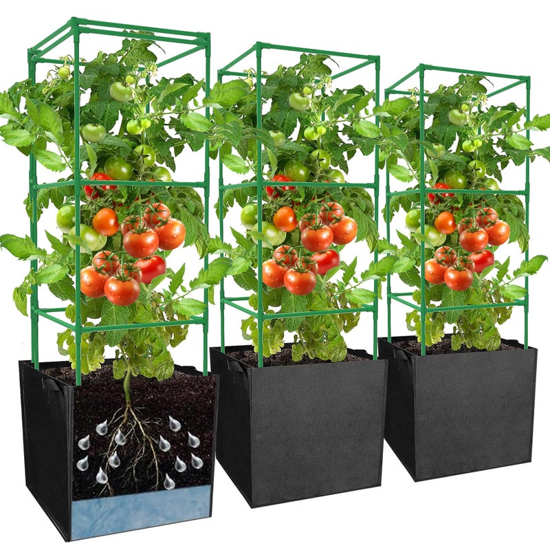 DECOHS 3 Packs 47 x 16 x 16 Inch Garden Tomato Cages with 17.7 Gallon Grow Bags- Square Plant Support Trellis Assembled with Planter Bags- Garden Cucumber Vegetables Frames for Vertical Climbing Plants - Image 1