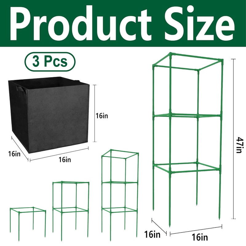 DECOHS 3 Packs 47 x 16 x 16 Inch Garden Tomato Cages with 17.7 Gallon Grow Bags- Square Plant Support Trellis Assembled with Planter Bags- Garden Cucumber Vegetables Frames for Vertical Climbing Plants - Image 2