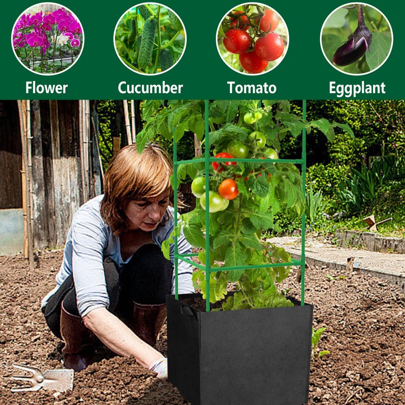 DECOHS 3 Packs 47 x 16 x 16 Inch Garden Tomato Cages with 17.7 Gallon Grow Bags- Square Plant Support Trellis Assembled with Planter Bags- Garden Cucumber Vegetables Frames for Vertical Climbing Plants - Image 4