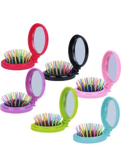 Happy Trees 6 PCS Round Travel Hair Brush with Mirror Folding Pocket Hair Brush Mini Hair Comb with Makeup Mirror for Travel (Set of 6) (Dark Colours)