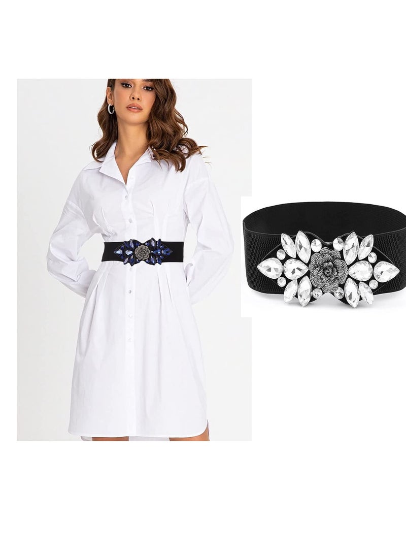 SOLARAE Black Stretch Rhinestone Belt, Black Tunic Girdle Dress Down Jacket Elastic Waistband Apparel Accessories for Girls Women (1'9-2'6) - Image 3