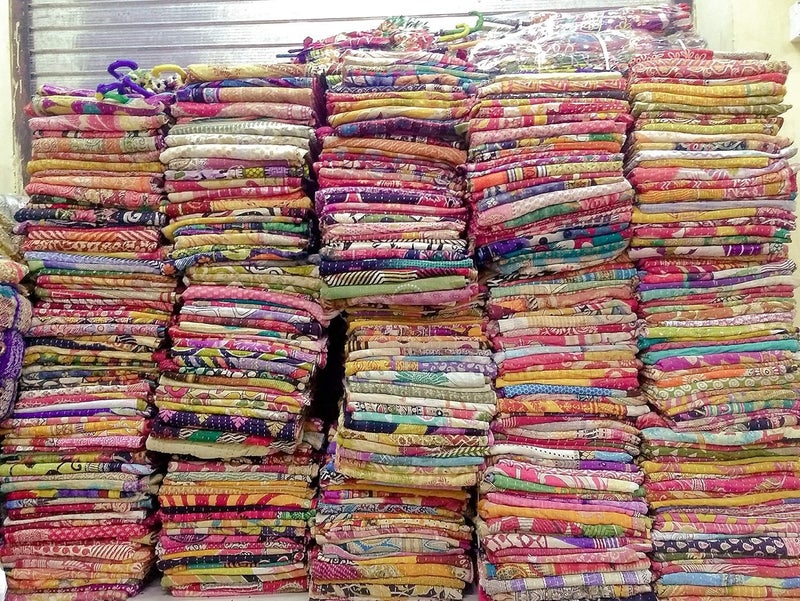 Mycrafts طقم لحاف كانثا هندي جملة 5 قطع لحاف قبلي عتيق بطانية مصنوعة يدويًا رمي هبي بوهيمي من saree قديم - Image 1