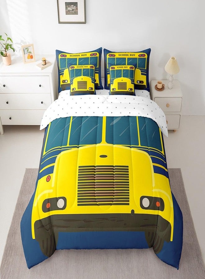 Castle Fairy Cartoon School Bus Reversible Comforter Set 7 Piece Full Size,Bright Yellow Car Print Navy Blue Bed Sheet Set Vehicle Front Wheels Bedding Set with Comforter,Fitted & Flat Sheet - Image 2