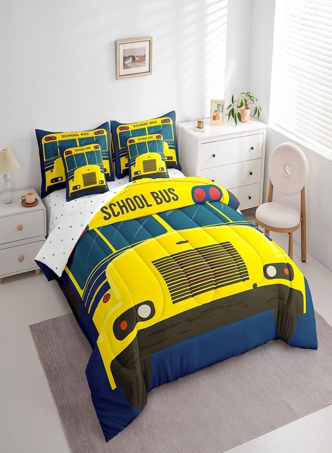 Castle Fairy Cartoon School Bus Reversible Comforter Set 7 Piece Full Size,Bright Yellow Car Print Navy Blue Bed Sheet Set Vehicle Front Wheels Bedding Set with Comforter,Fitted & Flat Sheet - Image 3