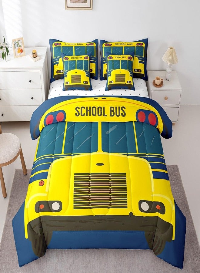 Castle Fairy Cartoon School Bus Reversible Comforter Set 7 Piece Full Size,Bright Yellow Car Print Navy Blue Bed Sheet Set Vehicle Front Wheels Bedding Set with Comforter,Fitted & Flat Sheet - Image 1