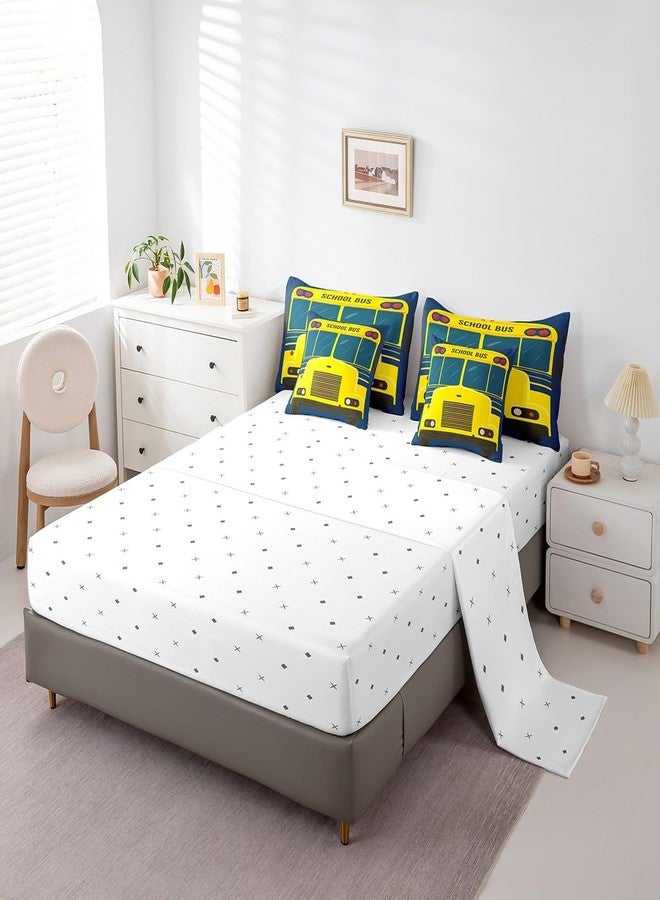 Castle Fairy Cartoon School Bus Reversible Comforter Set 7 Piece Full Size,Bright Yellow Car Print Navy Blue Bed Sheet Set Vehicle Front Wheels Bedding Set with Comforter,Fitted & Flat Sheet - Image 4