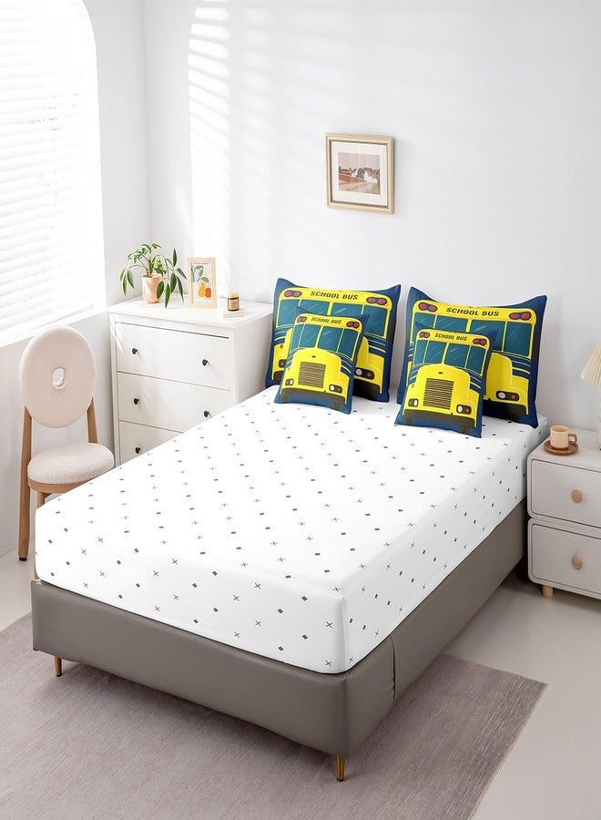 Castle Fairy Cartoon School Bus Reversible Comforter Set 7 Piece Full Size,Bright Yellow Car Print Navy Blue Bed Sheet Set Vehicle Front Wheels Bedding Set with Comforter,Fitted & Flat Sheet - Image 5
