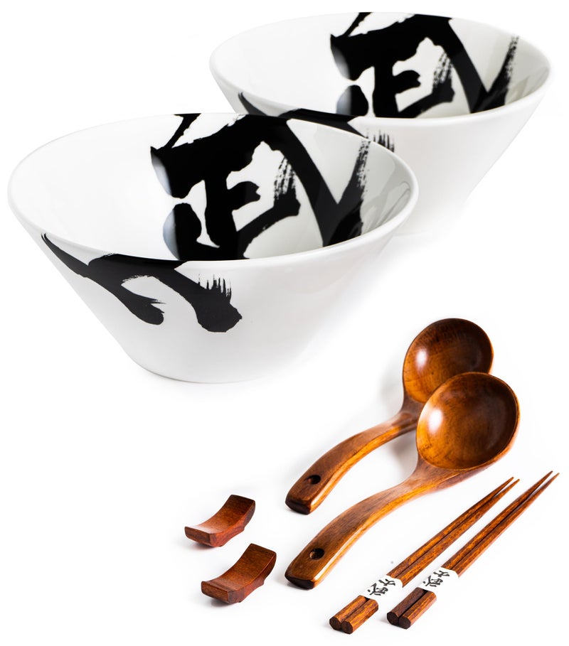 BICETTO Japanese Ceramic Ramen Bowl Set 60oz Large Ramen Bowls with Chopsticks Spoons and Chopstick Rests  Bowl for Ramen Pho Salad Poke Soup Udon  Minimalist Design Premium Quality White