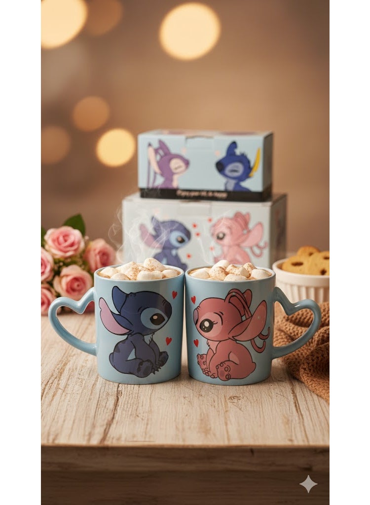 Premium 3D Stitch & Angel Couple Mug Set (2 Pcs) | High-Quality Porcelain Cartoon Mugs - 300ml | Microwave & Dishwasher Safe | The Ultimate Gift for Lilo & Stitch Lovers