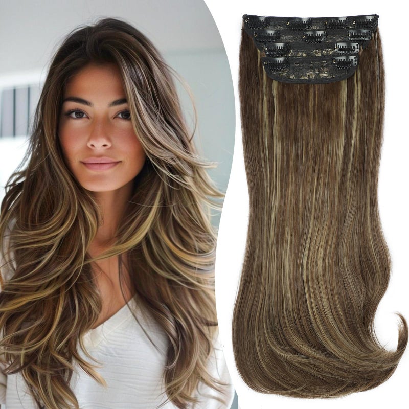 FREEMEIGE Long Layered Clip in Extensions 4PCS 20 Inch Straight Synthetic Hair Extensions for Women Thick Wavy Clip in Hairpieces for Women Daily Use