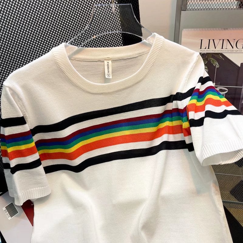 Men'S 2023 Fashion Brand Slim Handsome Ice Silk Knitted Striped Short Sleeve Men'S Fashion Half Sleeve T-Shirt - Image 3