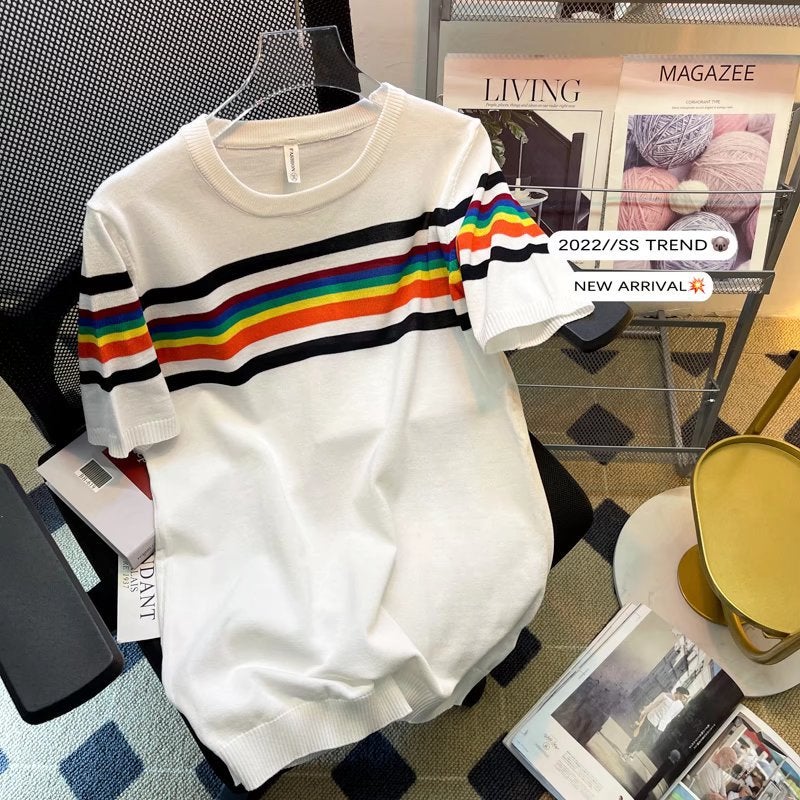 Men'S 2023 Fashion Brand Slim Handsome Ice Silk Knitted Striped Short Sleeve Men'S Fashion Half Sleeve T-Shirt - Image 2