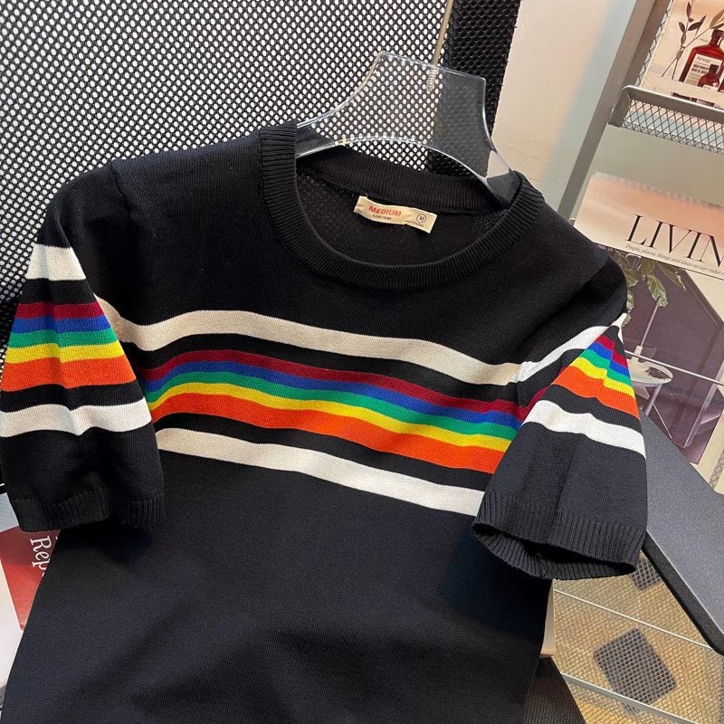 Men'S 2023 Fashion Brand Slim Handsome Ice Silk Knitted Striped Short Sleeve Men'S Fashion Half Sleeve T-Shirt - Image 5