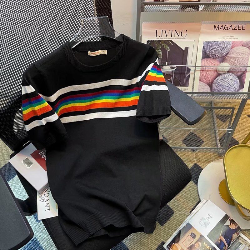 Men'S 2023 Fashion Brand Slim Handsome Ice Silk Knitted Striped Short Sleeve Men'S Fashion Half Sleeve T-Shirt - Image 4