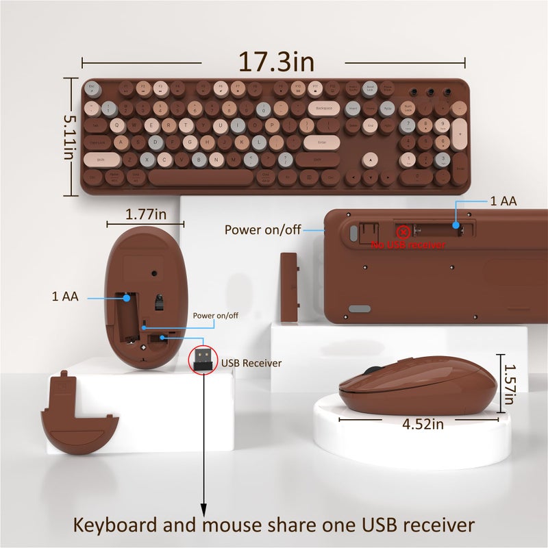 Links9+ Wireless Keyboard and Mouse, Full-Size Retro Typewriter Keyboard with Round Keycaps, 2.4GHz for Windows, Mac, Laptop, PC, Desktop (Coffee Colorful) - Image 4