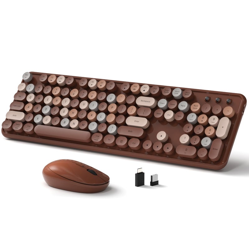 Links9+ Wireless Keyboard and Mouse, Full-Size Retro Typewriter Keyboard with Round Keycaps, 2.4GHz for Windows, Mac, Laptop, PC, Desktop (Coffee Colorful) - Image 1