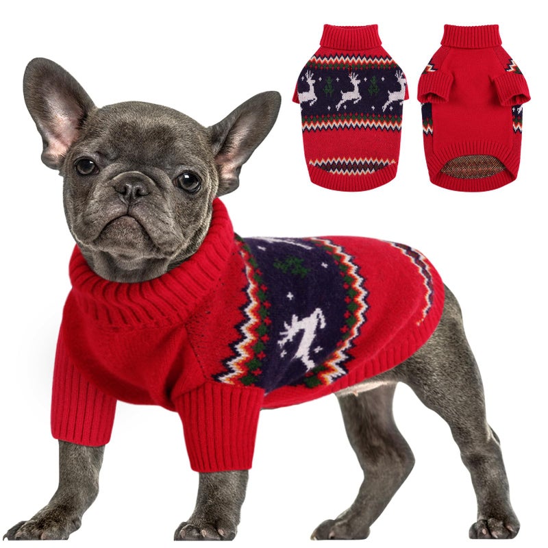 Queenmore Christmas Dog Sweater, Knitted Pullover Turtleneck Outfit, Warm Clothes for Small Dogs Boys or Girls S - Image 1
