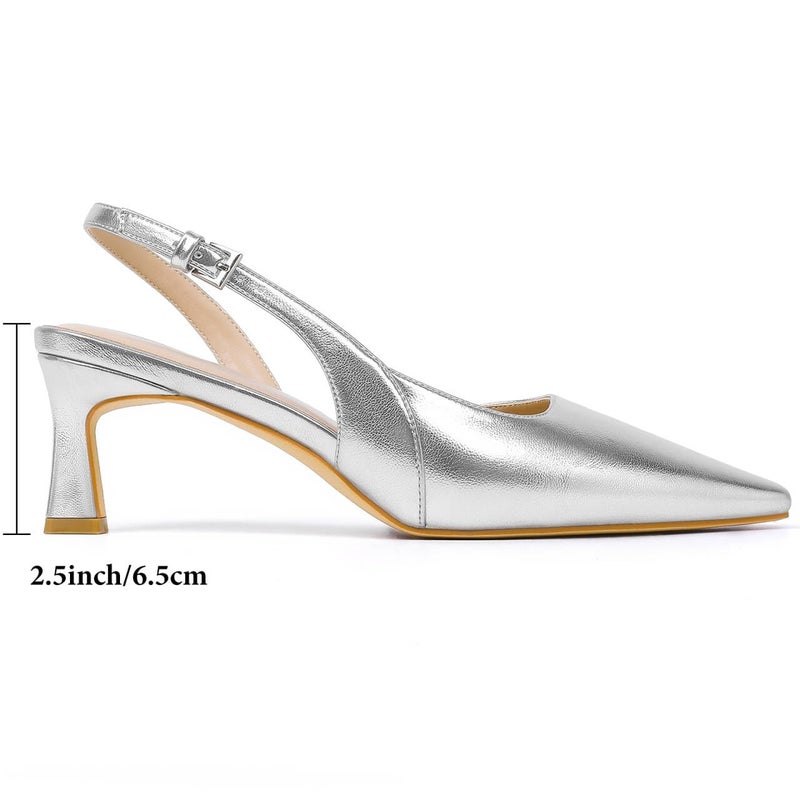 Mostrin Silver Kitten Slingback Heels for Women Low Pointed Closed Toe Heels Women's Pumps Shoes Dressy for Office Work Party - Image 5
