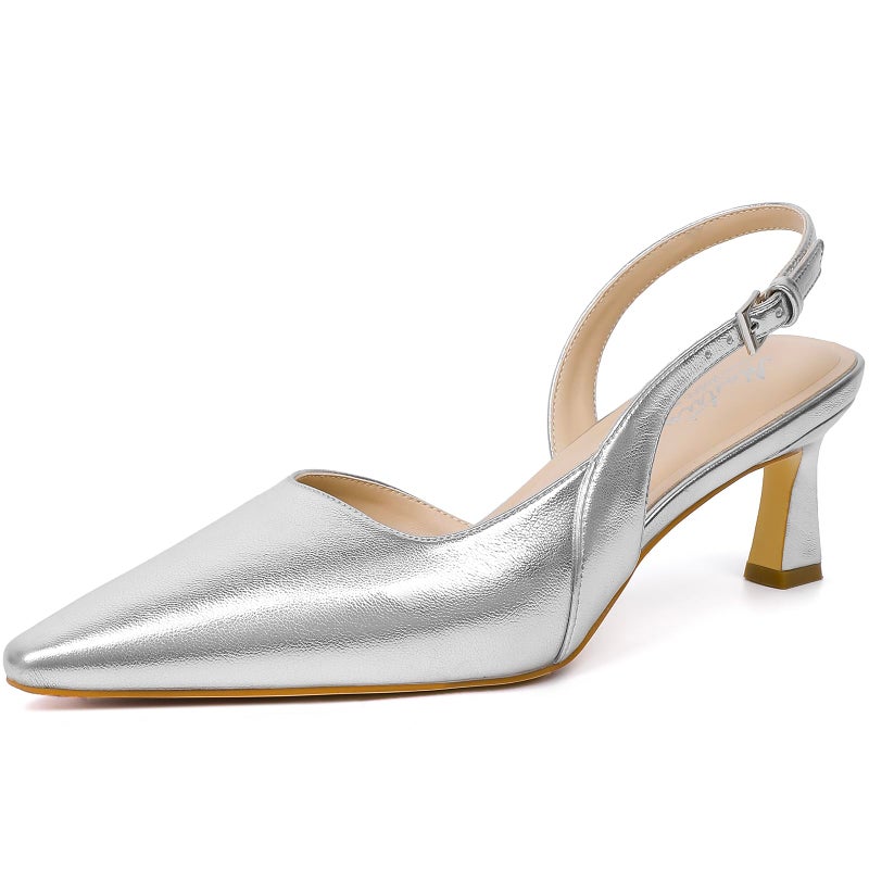 Mostrin Silver Kitten Slingback Heels for Women Low Pointed Closed Toe Heels Women's Pumps Shoes Dressy for Office Work Party - Image 1