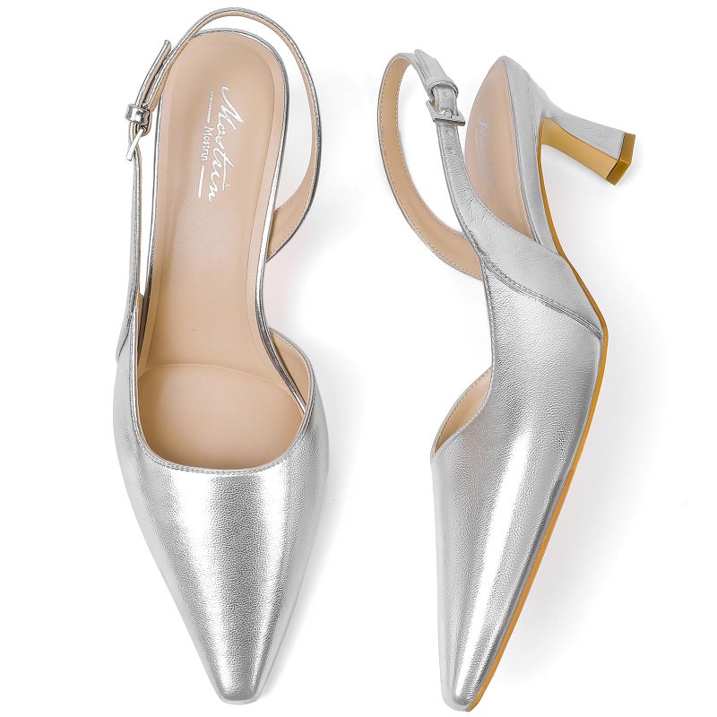 Mostrin Silver Kitten Slingback Heels for Women Low Pointed Closed Toe Heels Women's Pumps Shoes Dressy for Office Work Party - Image 4