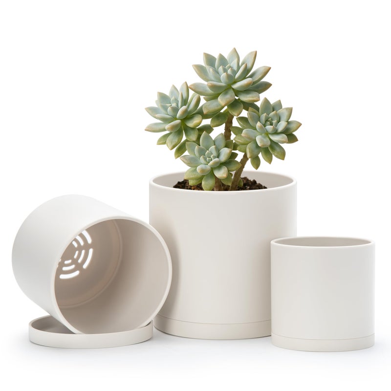 D'vine Dev 4 Inch 5 Inch 6 Inch, Set of 3 Plastic Planter Pots for Plants with Drainage Hole and Seamless Saucers, Oatmeal, Small, 74-V-H-1 - Image 1