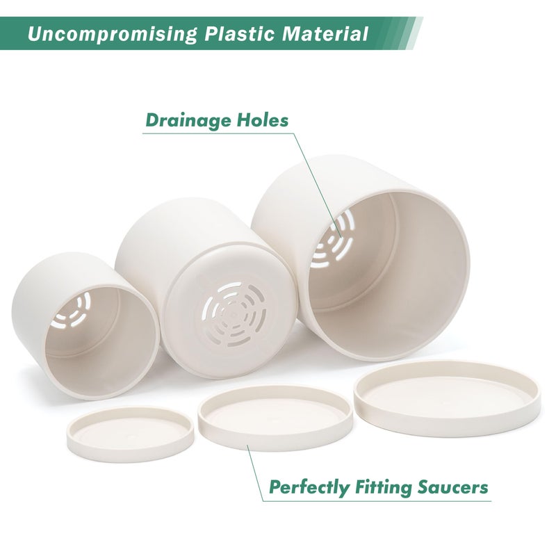 D'vine Dev 4 Inch 5 Inch 6 Inch, Set of 3 Plastic Planter Pots for Plants with Drainage Hole and Seamless Saucers, Oatmeal, Small, 74-V-H-1 - Image 4