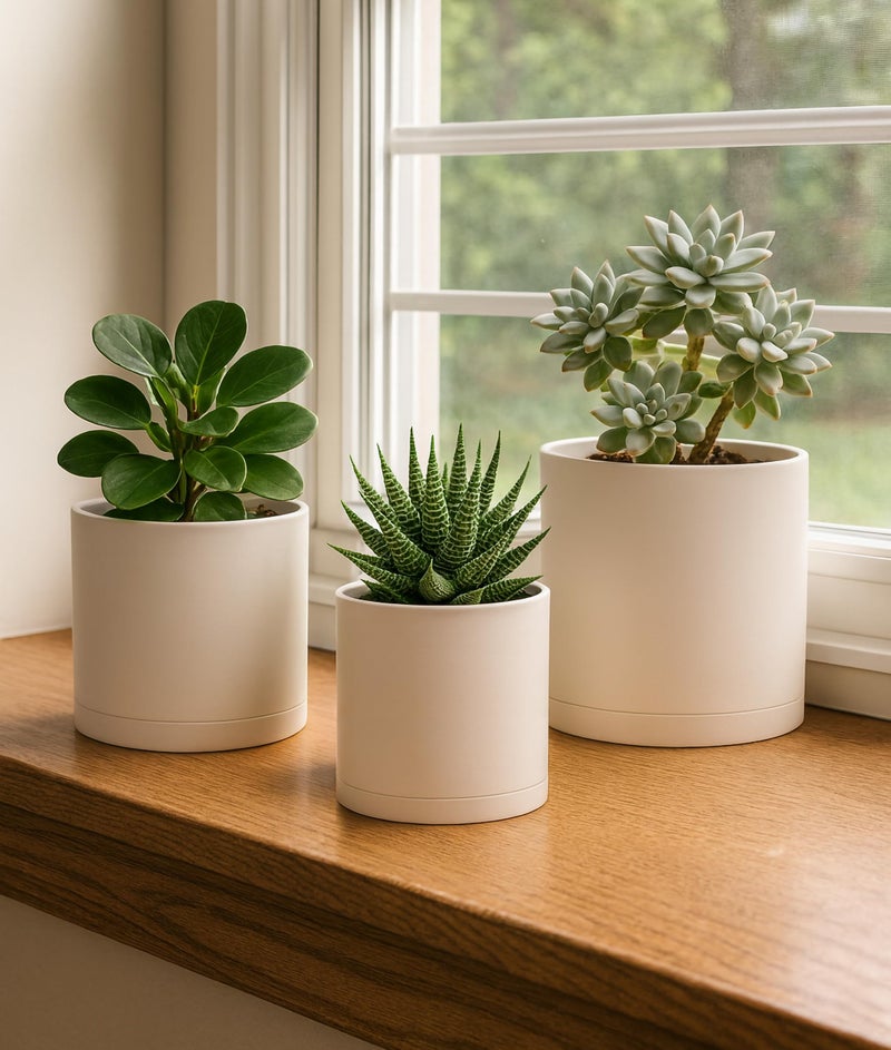 D'vine Dev 4 Inch 5 Inch 6 Inch, Set of 3 Plastic Planter Pots for Plants with Drainage Hole and Seamless Saucers, Oatmeal, Small, 74-V-H-1 - Image 2