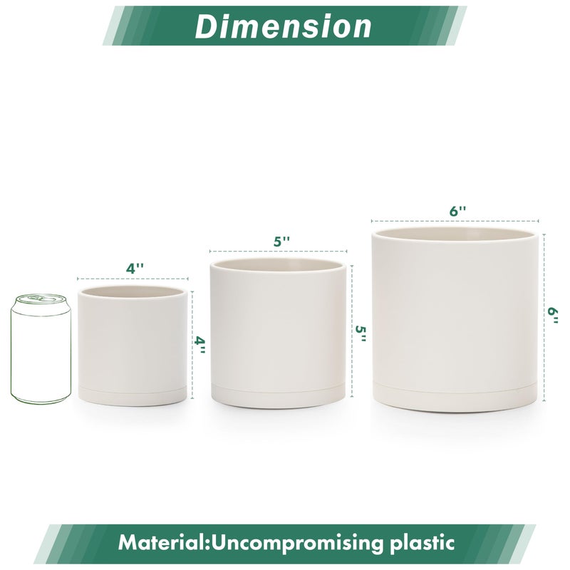 D'vine Dev 4 Inch 5 Inch 6 Inch, Set of 3 Plastic Planter Pots for Plants with Drainage Hole and Seamless Saucers, Oatmeal, Small, 74-V-H-1 - Image 3