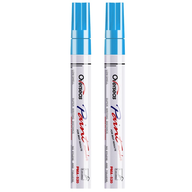 Overseas Permanent Paint Pens Light Blue Markers - 2 Pack Single color Oil Based Paint Markers, Medium Tip, Quick Drying and Waterproof Marker Pen for Metal, Rock Painting, Wood, Plastic, Canvas, Mugs - Image 1