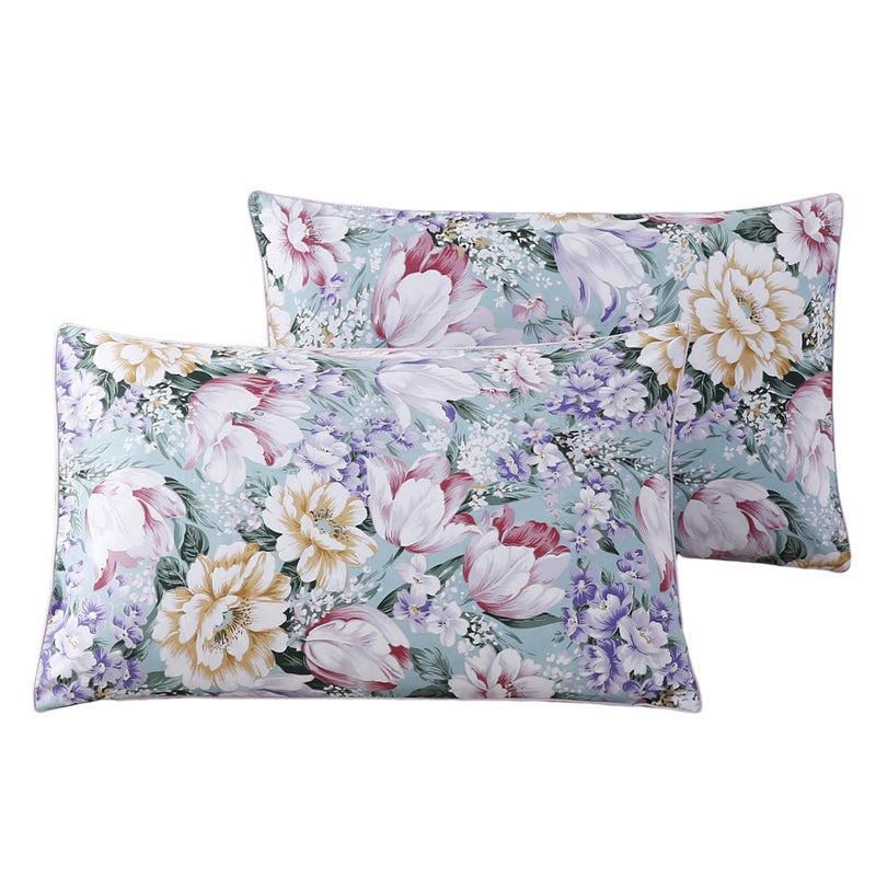 WINLIFE 100 Cotton Pillowcases Garden Floral Printed Pillow Cases Set of 2 Aqua Yellow Lavender Purple Flowers Print Pillow Cover Queen 20x30 Purple Flower