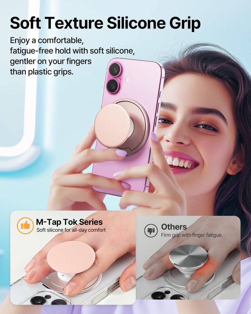 Sinjimoru for MagSafe Phone Grip â€” 3000G Magnetic Hold, Soft Silicone Comfort, Metal Plate Included, iPhone 17/16/15/14/13, M-Tap Tok Ring Stand Space Gray - Image 2