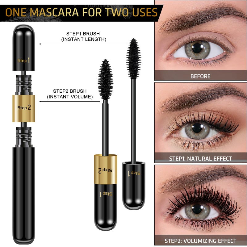 DRMODE Mascara Volume and Length, Christmas Stocking Stuffers Gifts for Women 2 in 1 Waterproof Mascara Black, 2 Pack Falsies Voluminous Lengthening Smudge Proof 4D Silk Fiber Mas cara - Image 4