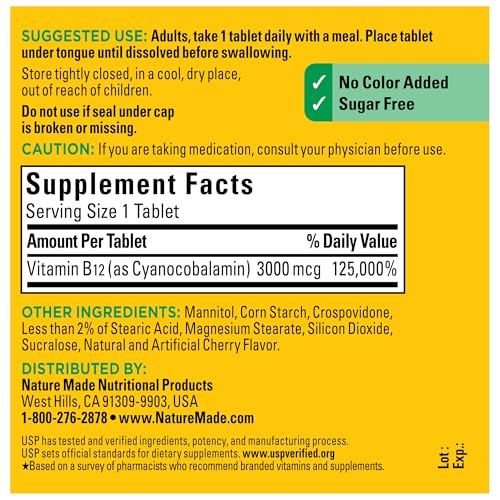 Nature Made Vitamin B12 3000 mcg, Easy to Take Sublingual B12 for Energy Metabolism Support, 40 Sugar Free Fast Dissolve Tablets, 40 Day Supply - Image 5
