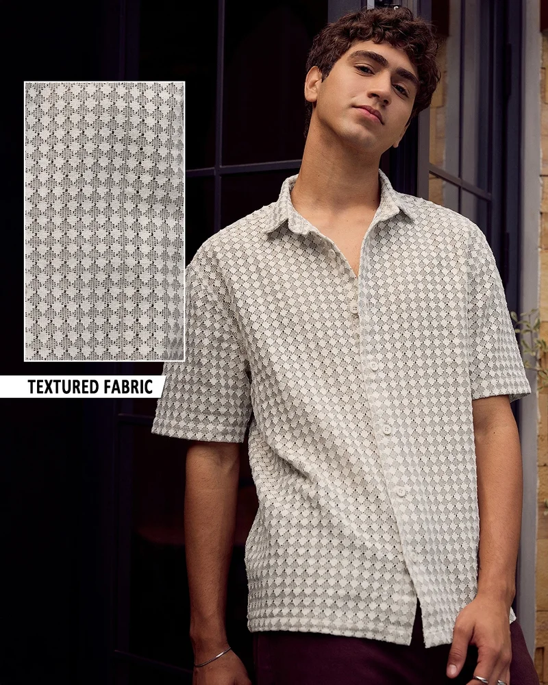bewakoof Men's Off White Textured Oversized Crochet Shirt